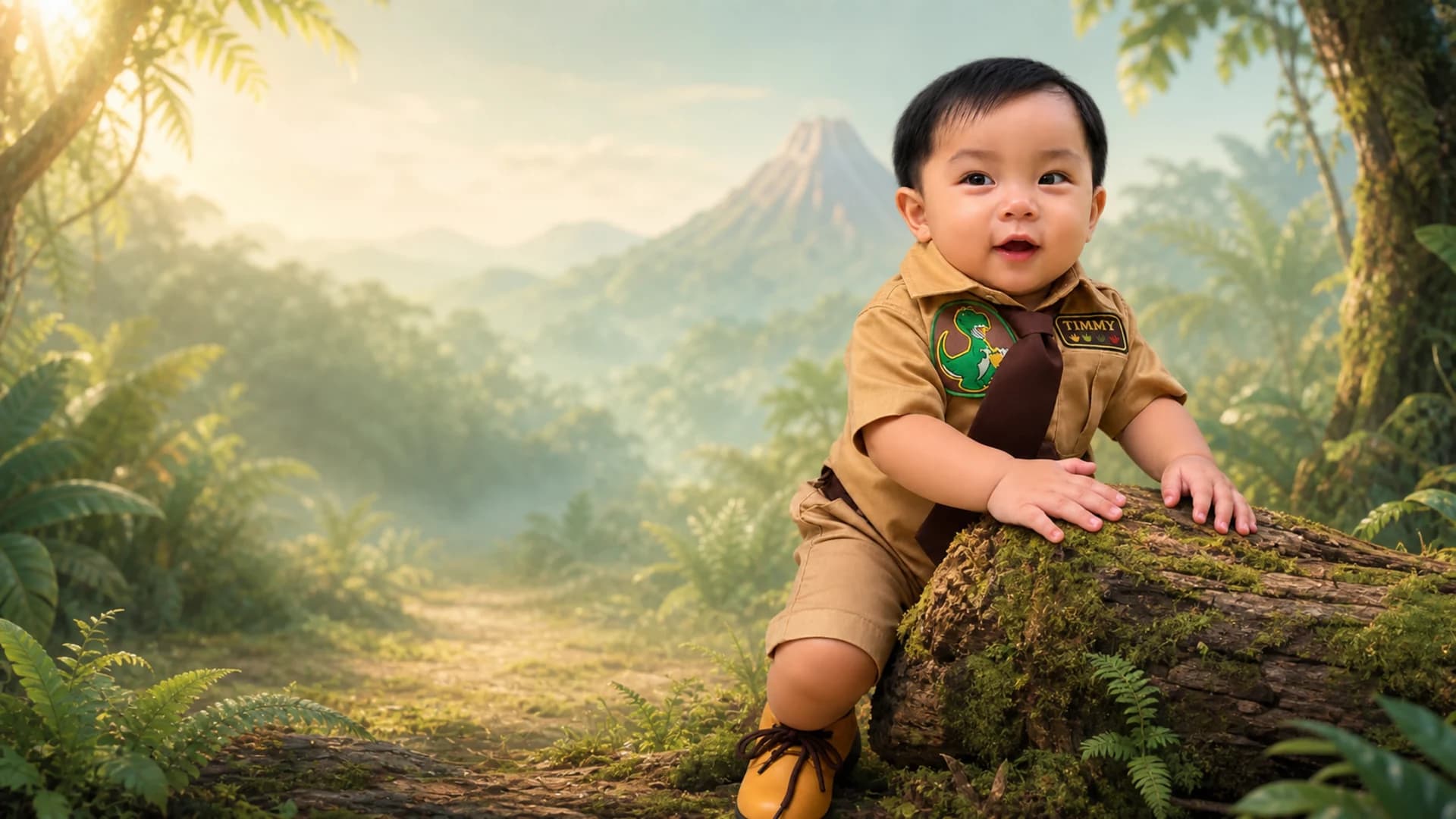 Timmy in his safari outfit, seated at a mossy jungle log